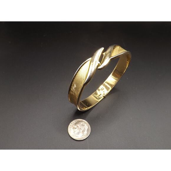 Vintage Monet Mesh Finish Hinged Bracelet, Gold Plated Bangle, 1960s - Picture 3 of 10